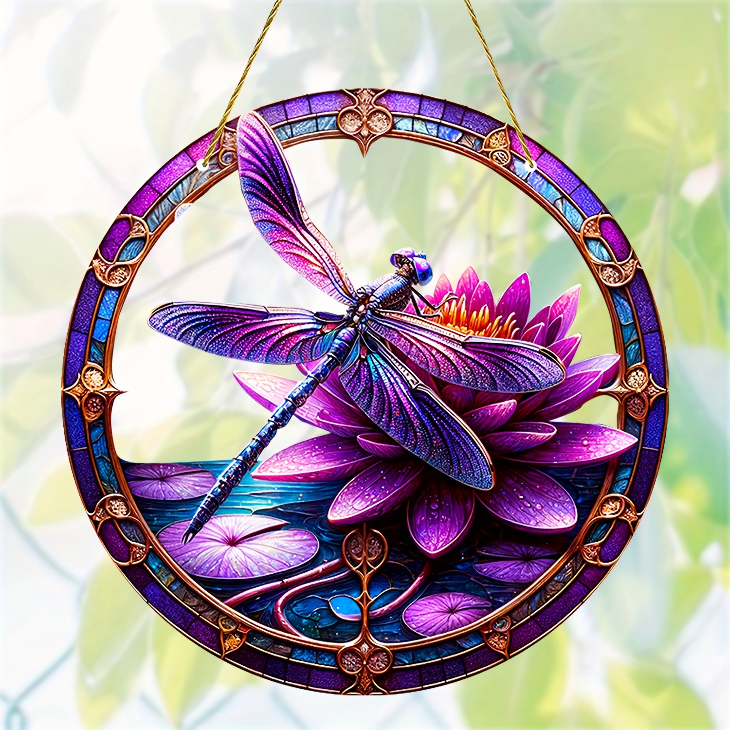 

Purple Dragonfly Sun Catcher - 8"x8" Acrylic Stained Glass Window Hanging, Lotus-inspired Wall Art For Garden, Yard, Farmhouse, Bedroom & Living Room Decor