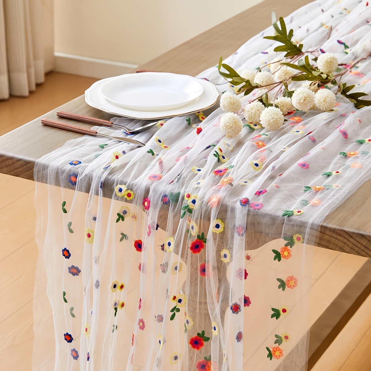 Embroidered Tulle Tablecloth Daisy Summer Autumn Table Flag 120 Inches Floral Tulle Tablecloth Wedding Party Table Runner Wedding Runner Table Cloth Wedding Table Runner