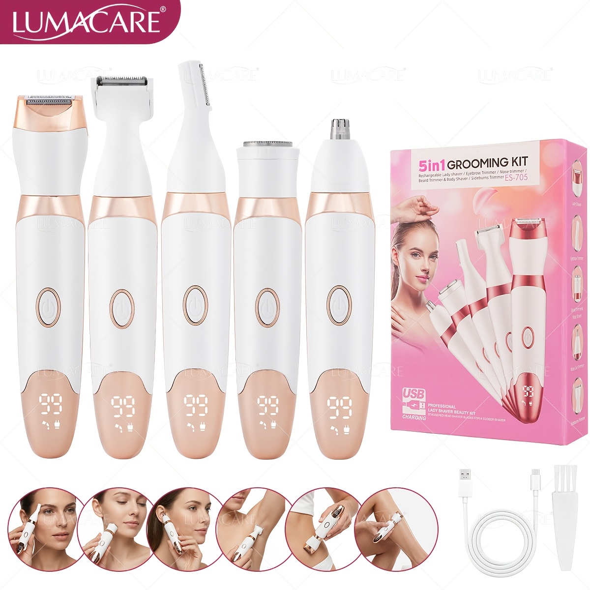 E-shop LUMACARE Damen-Bikini-Trimmer-Entfernungs-Set mit LED-Display USB-Typ-C-Ladeanschluss zur Haarentfernung für Augenbrauen, Nase, Gesicht, Beine,