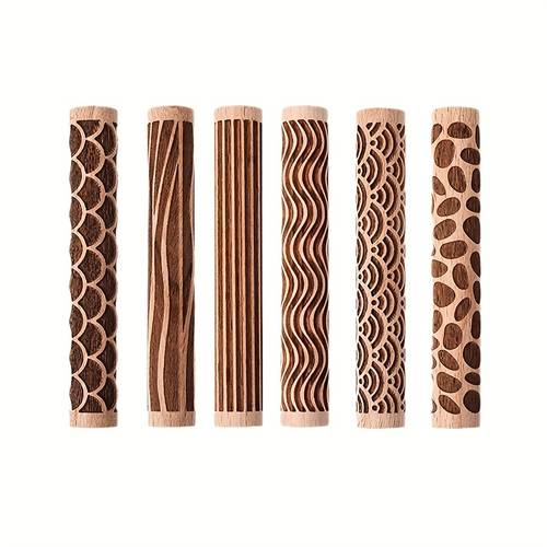 3pcs 6pcs wooden pottery embossing tool set manual rollers with tree texture relief design non stick surface and smooth handle professional craft supplies for beginners detailed pattern making convenient