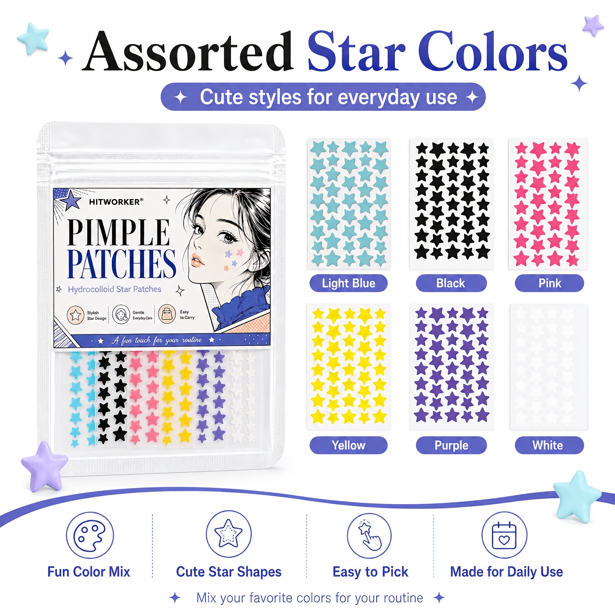 240pcs Colorful Hydrocolloid Star Pimple Patch for Skincare