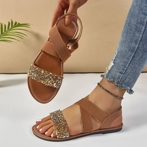 ladies plus size wide flat sandals with a fashionable cross strap comfortable and loose with decorative rhinestones versatile for outdoor use easy and lightweight for beach and casual wear women shoes