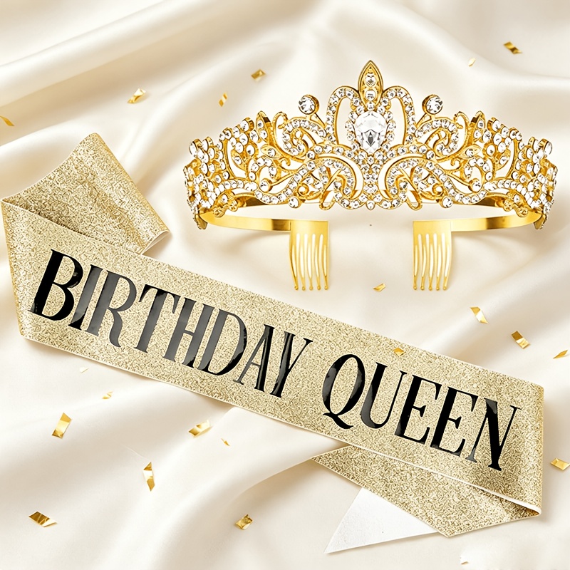 TEMU Ensemble de 2 couronnes dorées en strass pour anniversaire, décoration de fête d'anniversaire, accessoires pour cheveux de déguisement