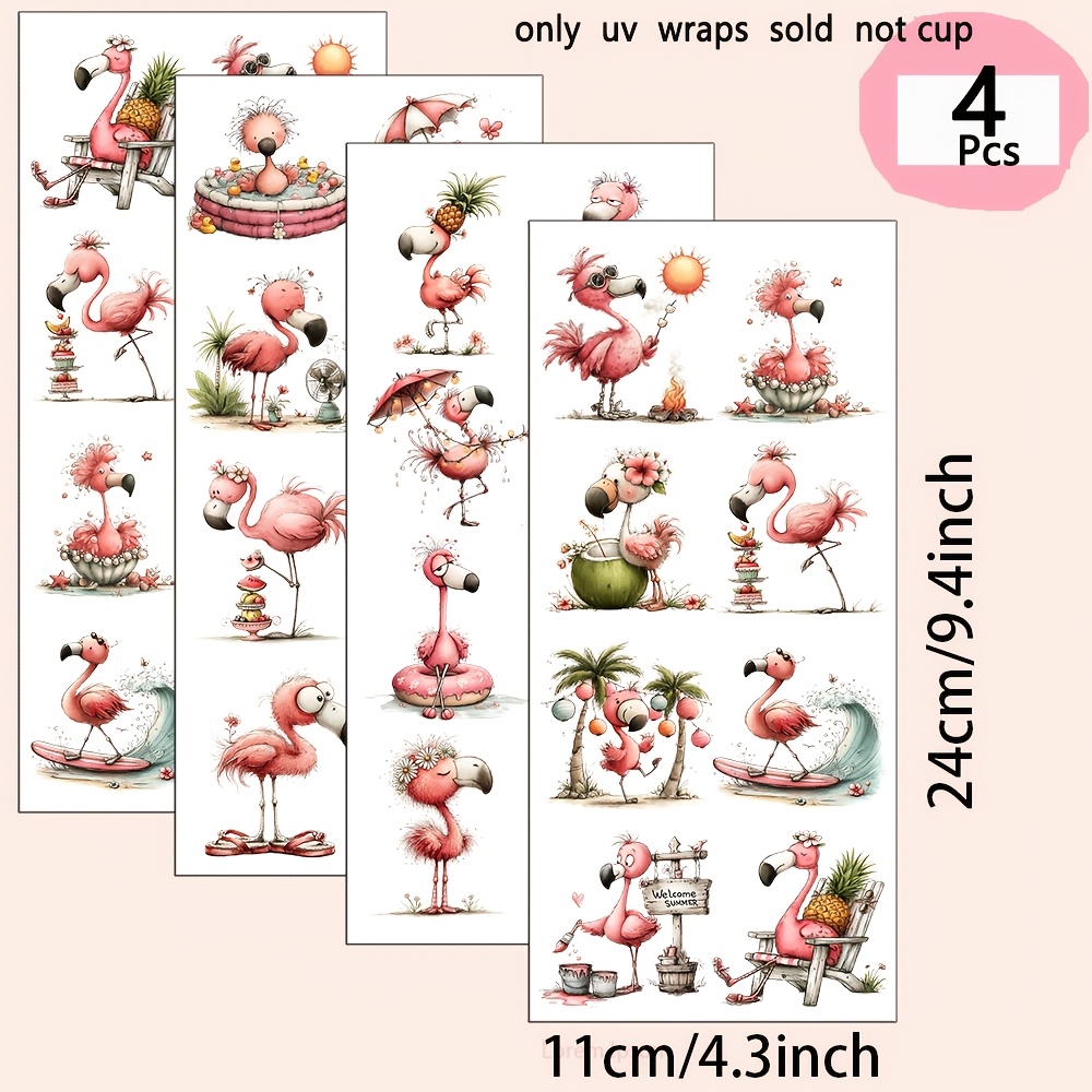 TEMU 4er-Set Aquarell-Flamingo-Sommermotiv-Muster UV-Transfer – für DIY-Bastelarbeiten, Tassen, Laptops & Wasserflaschen, selbstklebender Kunststoff,