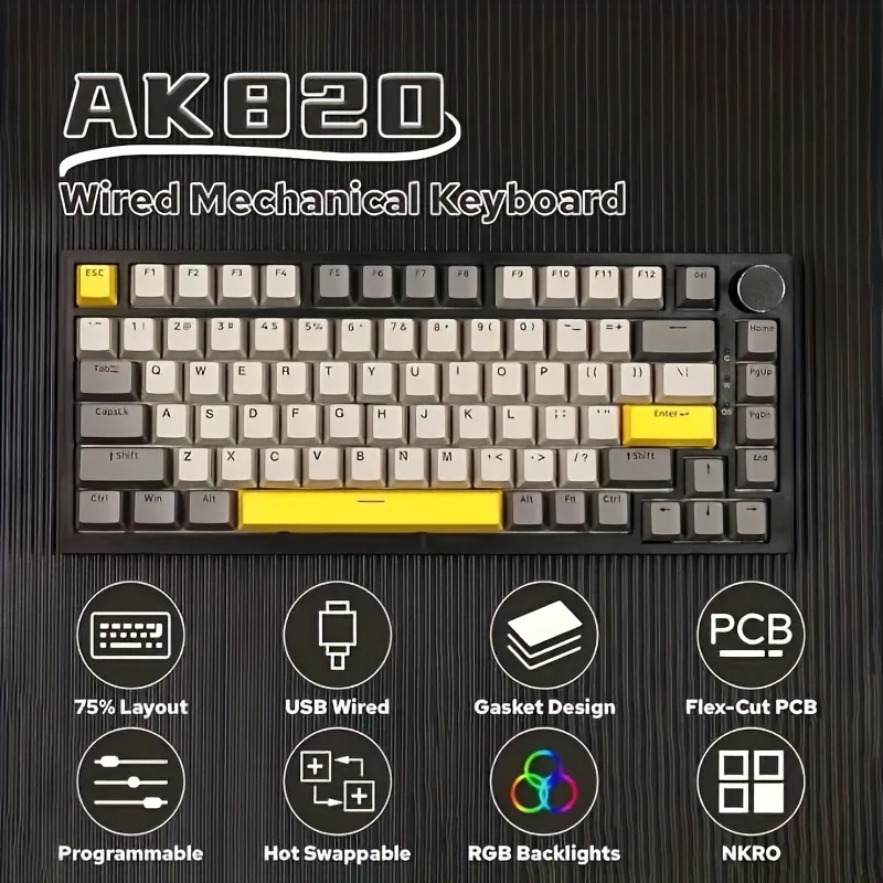 

Ajazz Ak820 75% Wired Rgb Mechanical Keyboard With Volume Knob, Led , Foam & Pbt Caps - Customizable Hot-swappable Gaming Keyboard In Trendy Gray/purple