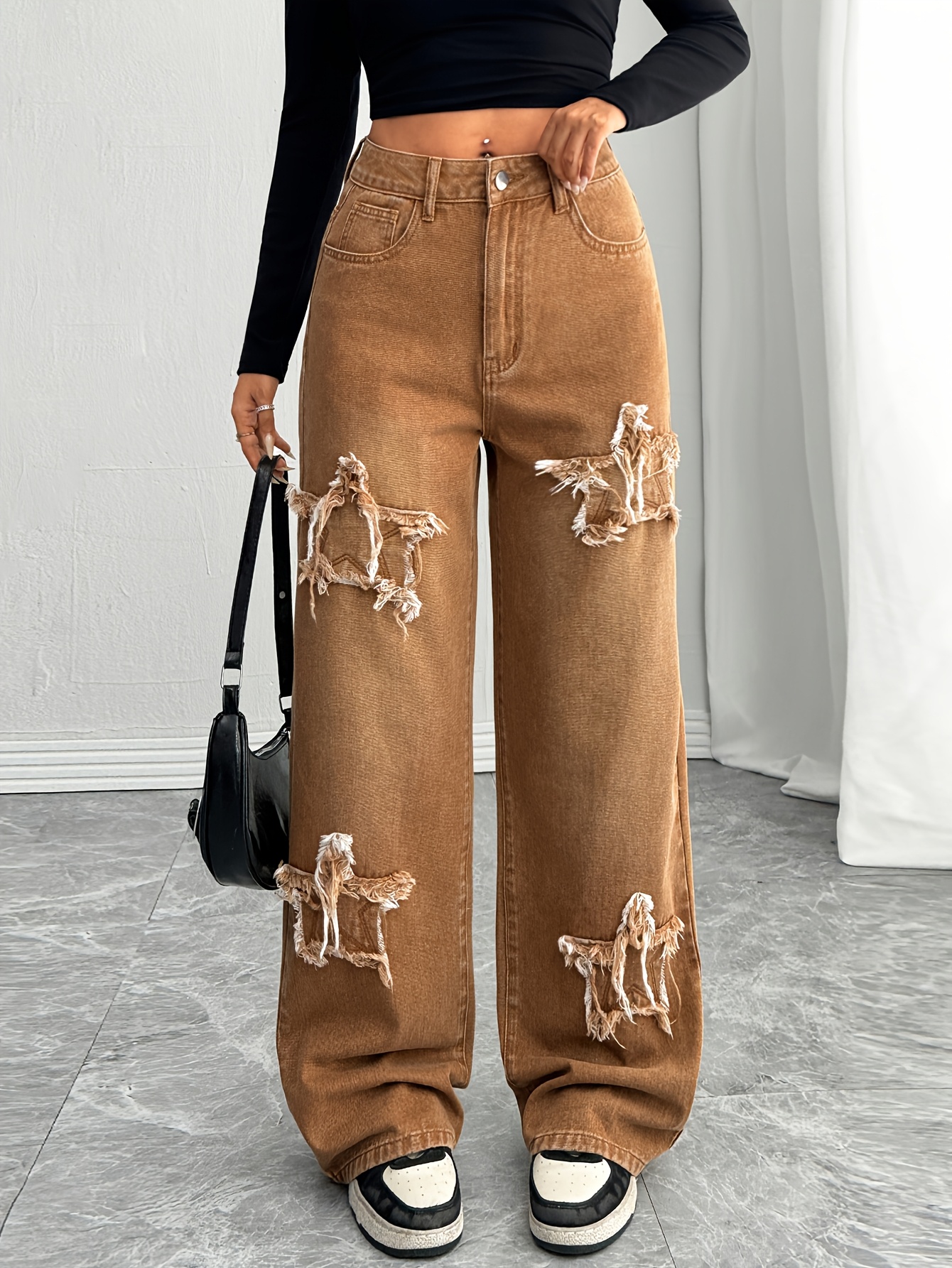 Melard colorway American street style star patchwork washed wide-leg straight jeans