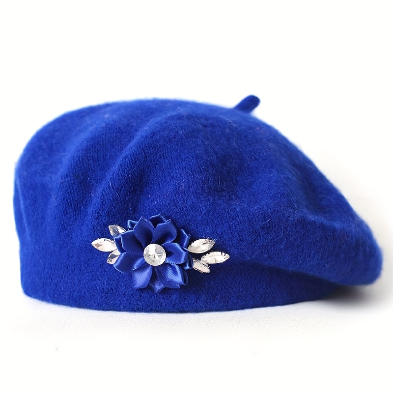 TEMU 1pc Rhinestone Flower Wool Solid Color Women's Beret, Multiple Colors , Suitable For Daily Use