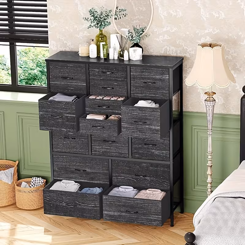 chest of drawers 15 drawer fabric wardrobe storage chest industrial style for bedroom living room hallway storage drawer units black 6