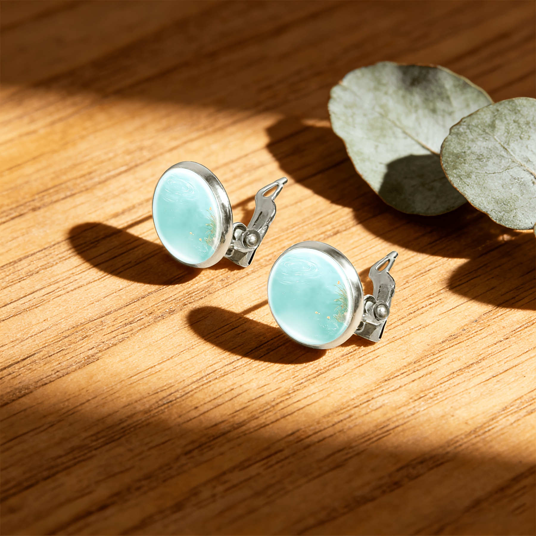2pcs No-Pierced Circular Glass Surface Earrings Set