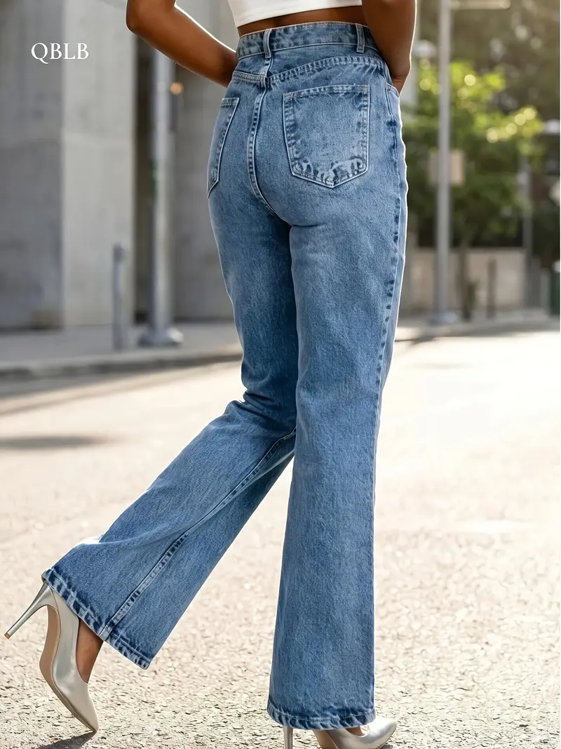 Elastic Womens Jeans High Waisted Wide Leg Style Split Hem