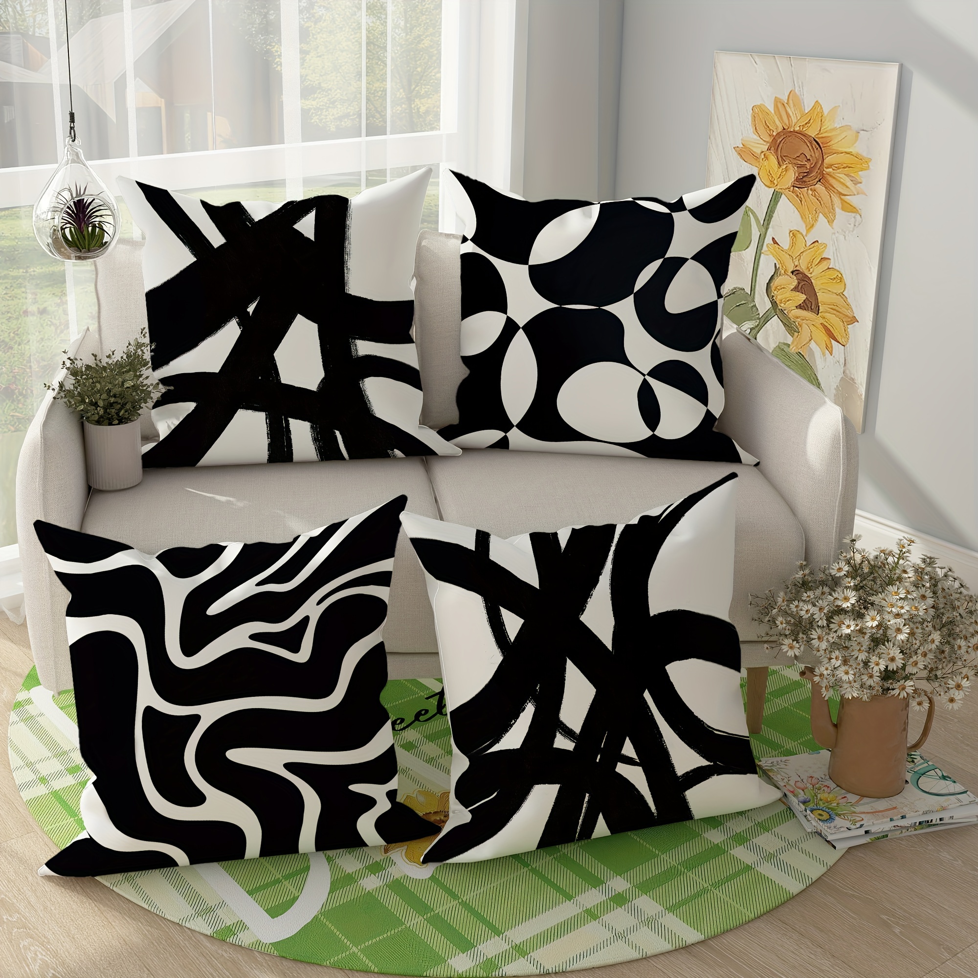

4-pack Velvet Throw Pillow Covers, Abstract Geometric Black And White, Contemporary Style, Machine Washable, Zipper Closure, For Living Room Sofa Bed Decor - Polyester, Woven