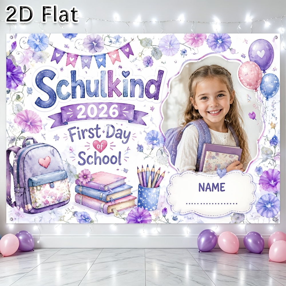 TEMU 2d Flat, 1pc 1pc Custom Photo Name/text School Banner Suitable For First Day Of School 2026, Backdrop With Elegant Purple Floral & School-themed