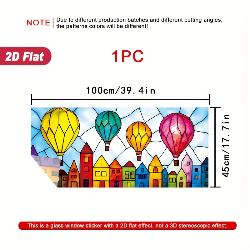 E-shop 1 Stück 2D Flachfensterfolie Bunte Häuser und Luftballons im Himmel, statische Folie für Türen und Fenster, 39,4 x 17,7 Zoll, geeignet für
