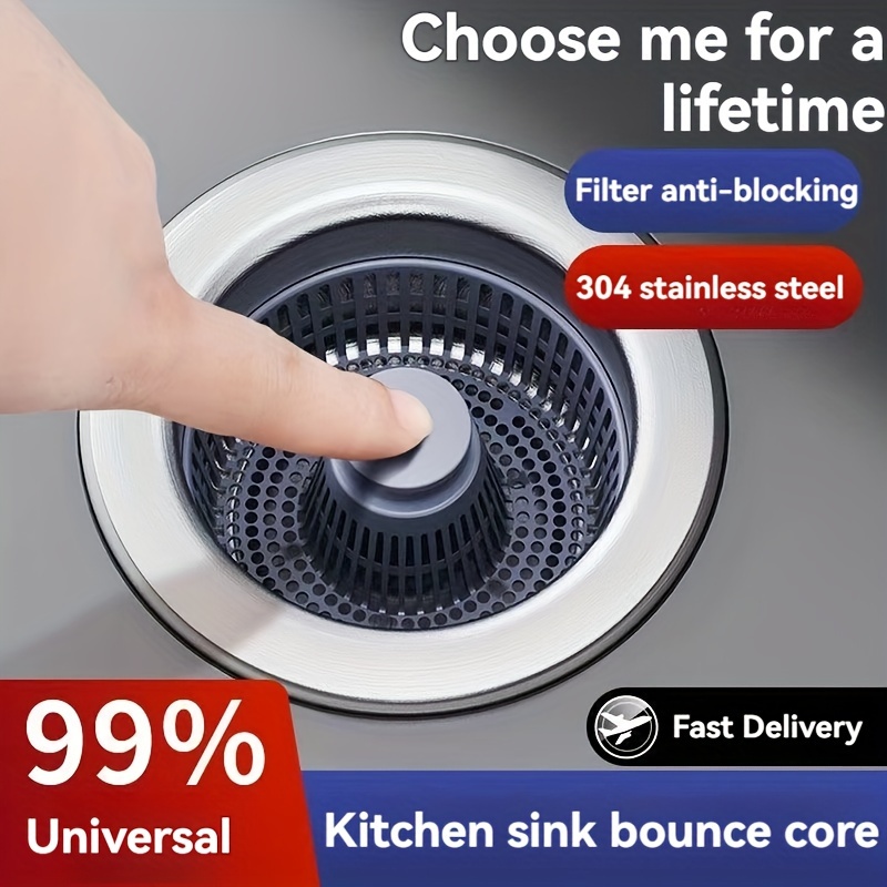 

304 Stainless Steel Kitchen Sink Drain Strainer With Anti-odor Bounce Core, Leak-proof Design, And Integrated Filter Plug For Vegetable Washbasins