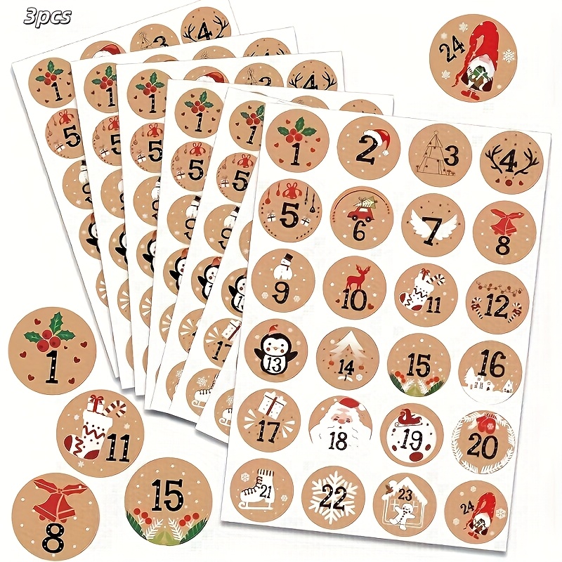 Image of 3 Sheets Of Christmas Holiday Decorative Stickers, 1-24 Number Stickers, Suitable For Christmas Number Stickers, Decorative Stickers
