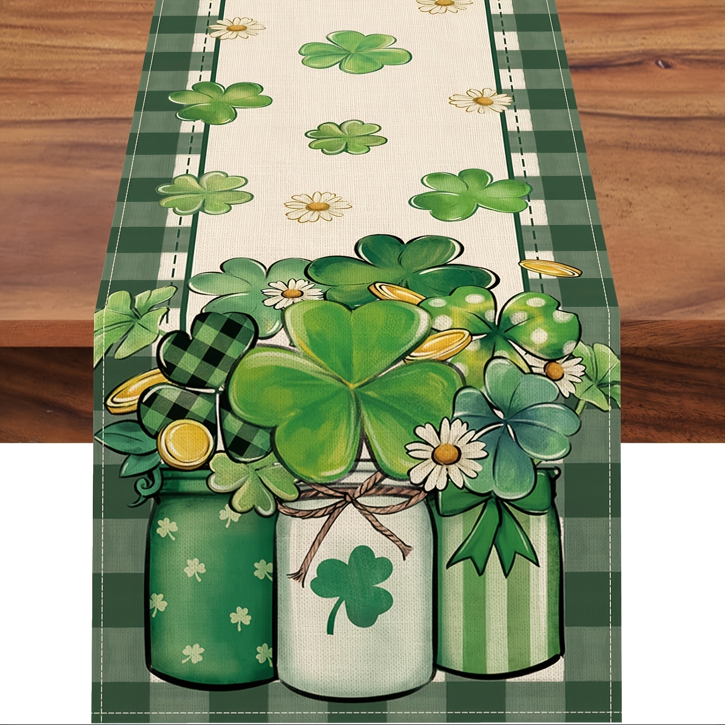 

1pc, Polyester 's Day Clover Table Runner, Shamrock Mason Jar Daisy Farmhouse Kitchen Dining Tablecovers Decor, Golden Irish Decoration Indoor Outdoor Party Table Decor