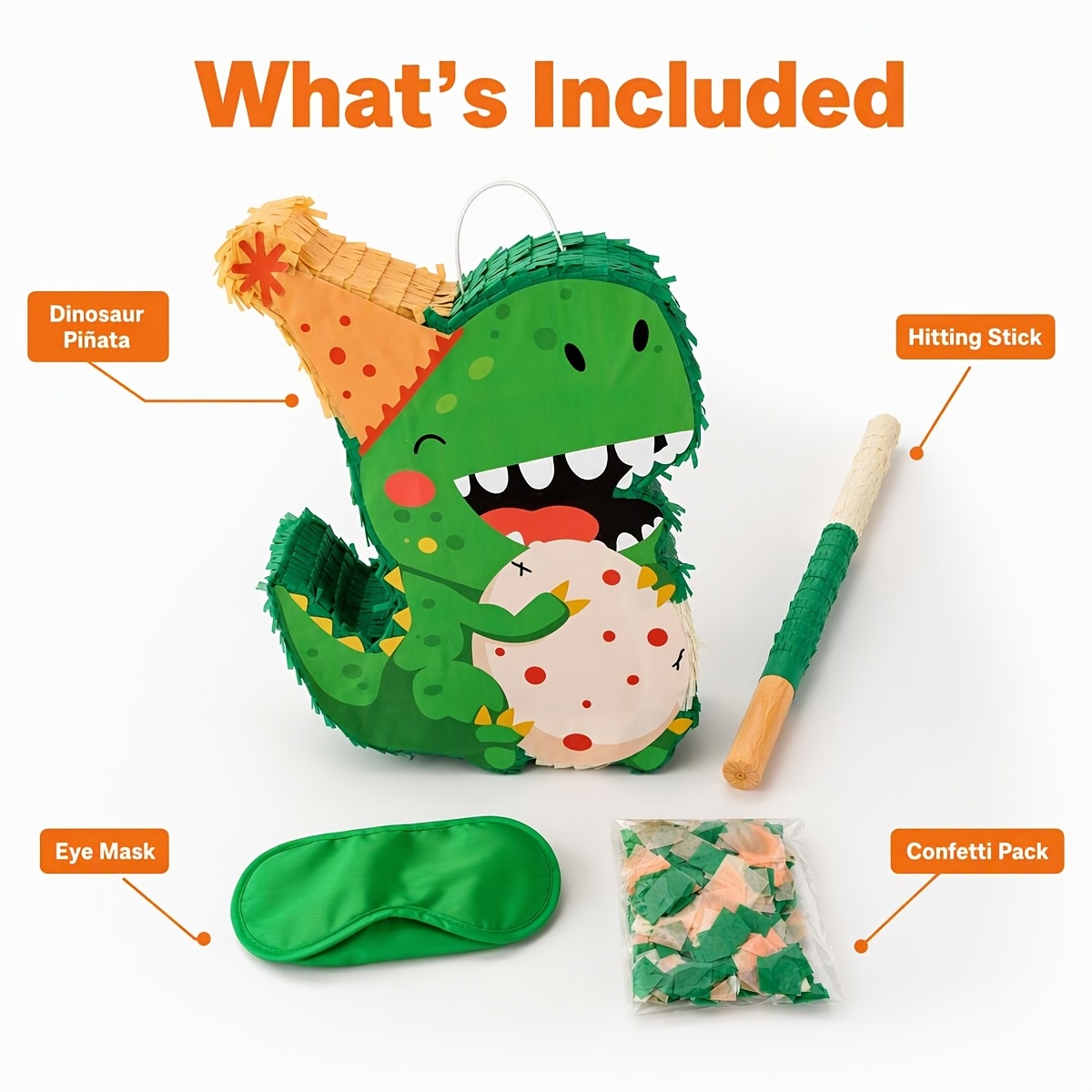 TEMU Green Dinosaur Piñata, Piñata, Includes Bat, Blindfold, And Paper , Birthday Party, Wedding, Valentine's Day Decoration Prop Set