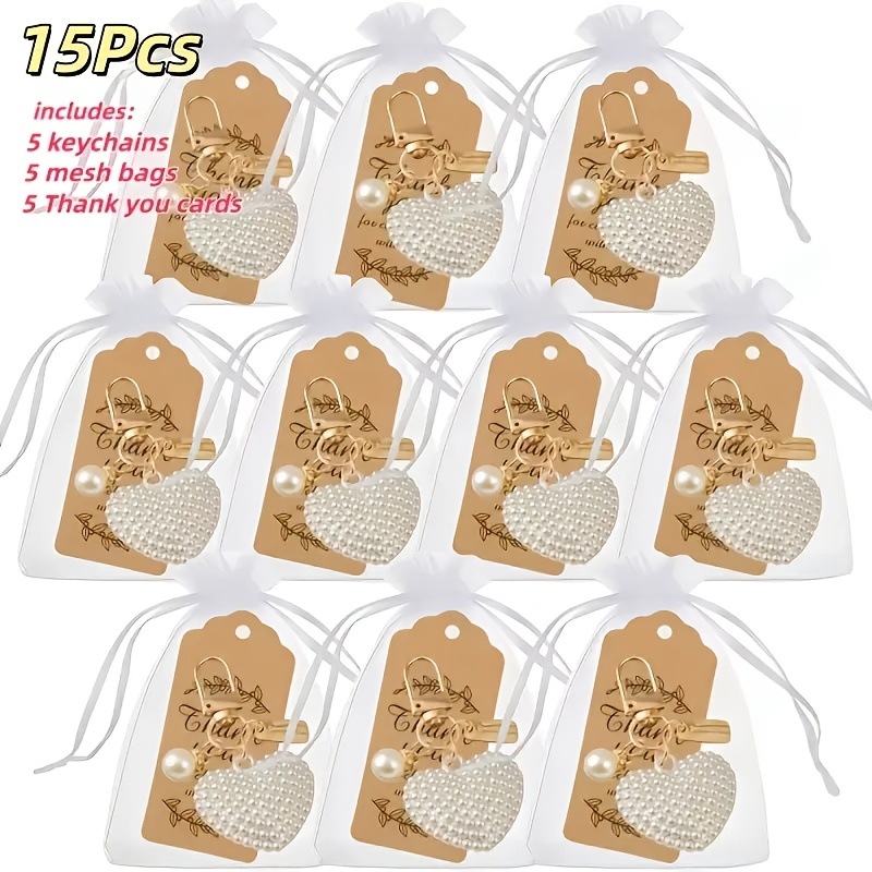 TEMU 15pcs Set Of New Large Heart Keychain Set, Including 5 Keychains/5 Cards/5 Mesh Bags, Earphone Case Decoration, Keychains For Phones, Computers,