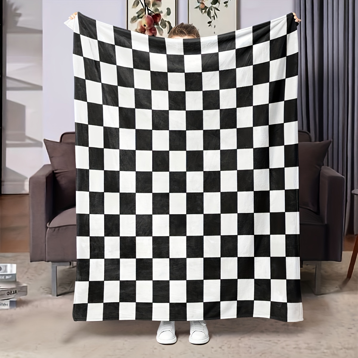 

1pc Checkered Pattern Flannel Blanket Digital Printing Charming Style, Soft Cozy Throw Blanket, Black & White, Home Decor