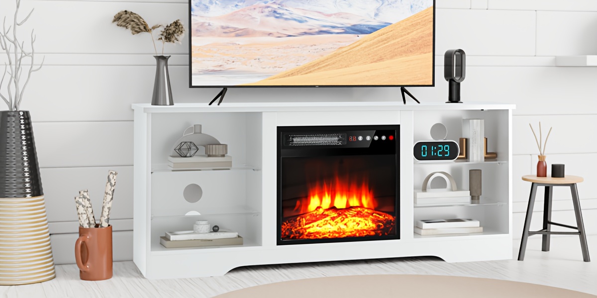 Fireplace TV Stand with 18-Inch Fireplace, Modern Entertainment Center for Tvs Up to 65 Inches, Media TV Console with Adjustable Glass Shelves And Storage Cabinets, Farmhouse TV Stand for Living Room