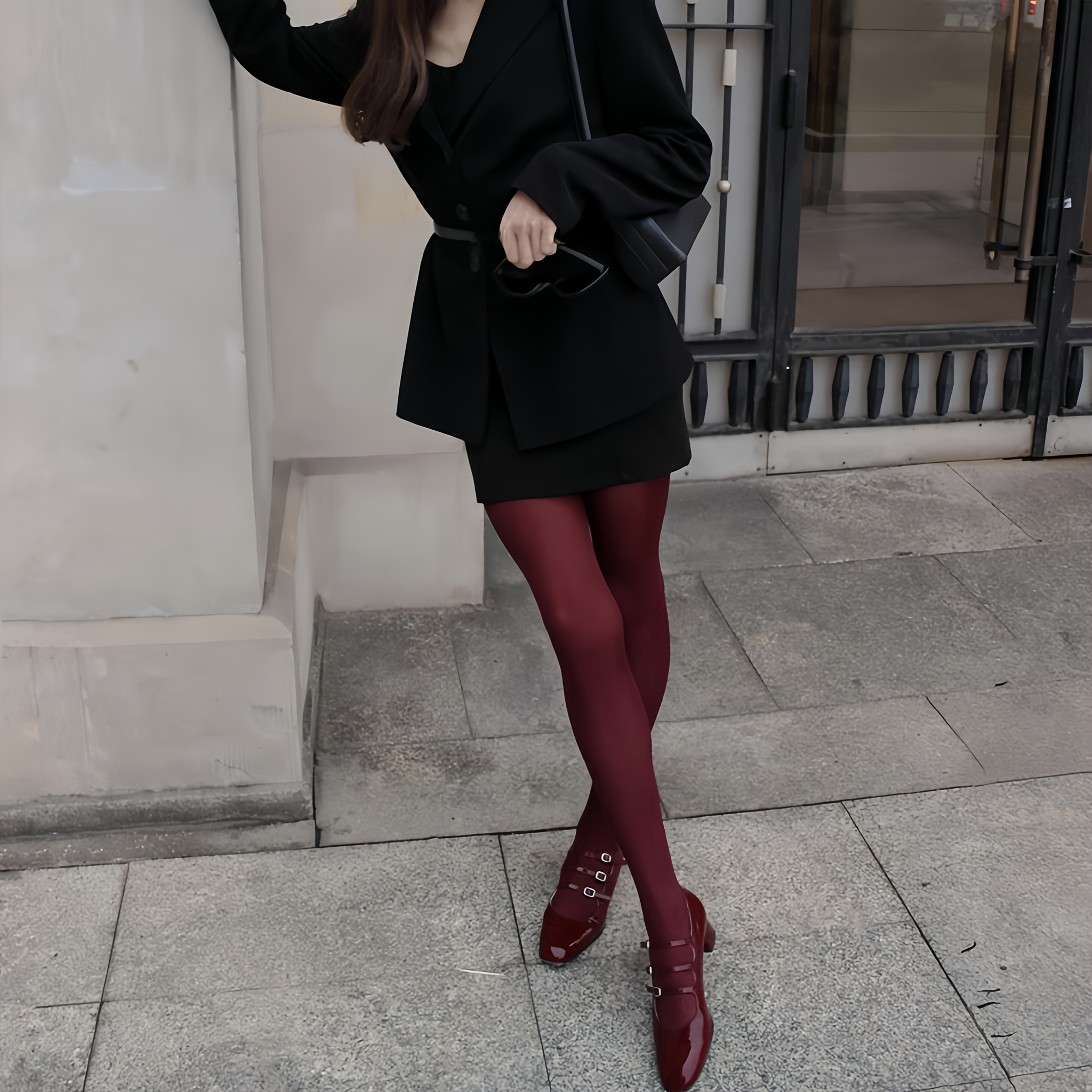 1 pair burgundy velvet tights high waisted solid color - Temu New Zealand
