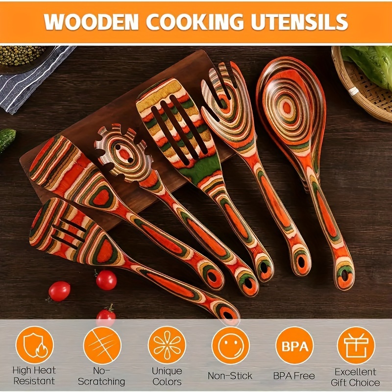 

7pcs Cooking Utensil Set - Pakkawood Wooden Spoons And Spatulas With Convenient Spoon Rest, Safe For Cookware, Ideal Housewarming Gift For Cooking Enthusiasts