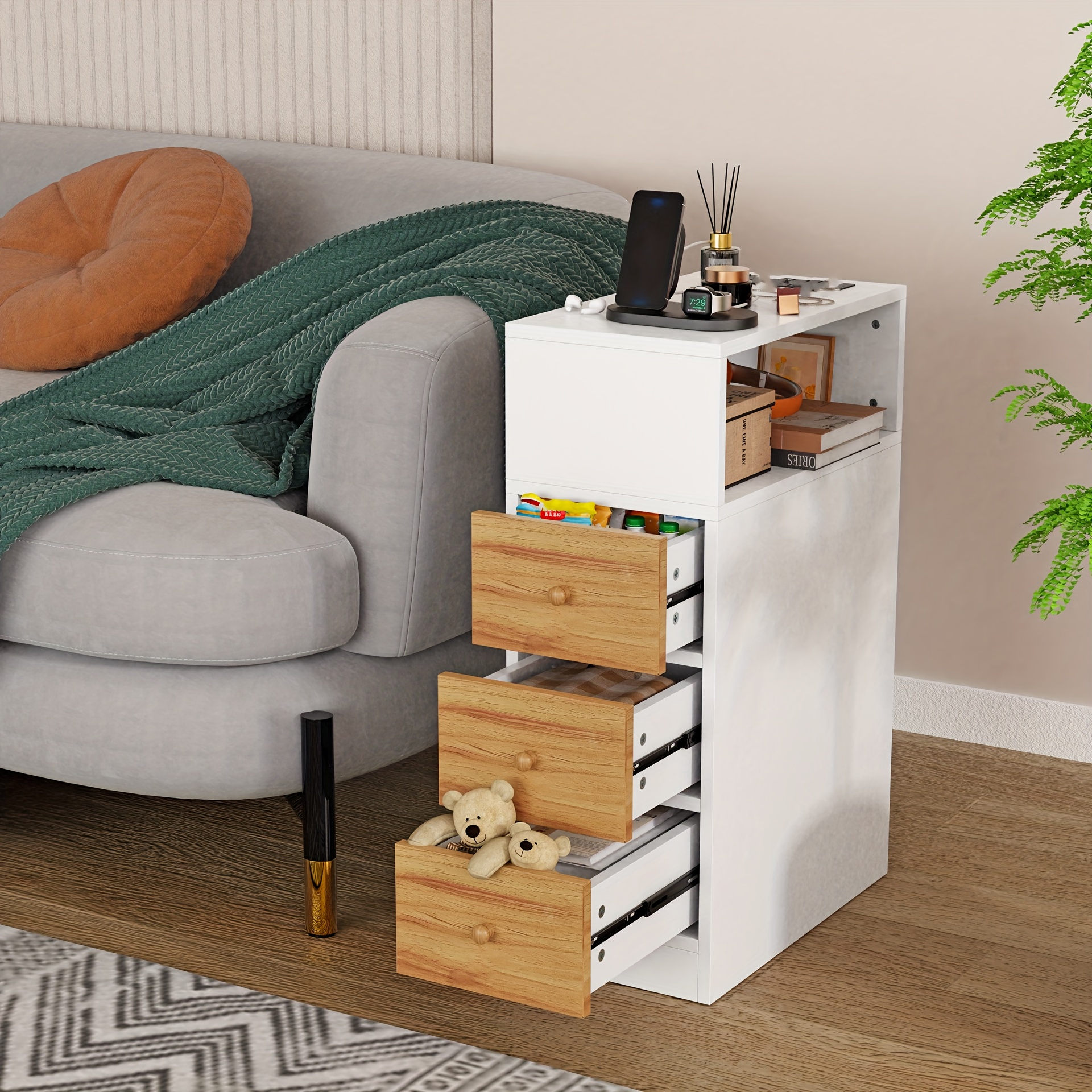 TEMU Narrow Nightstand With 3 Drawer, Solid Wood Small Nightstand Natural, Modern Small Bedside Tables For Bedroom, Modern Minimalist End Table For