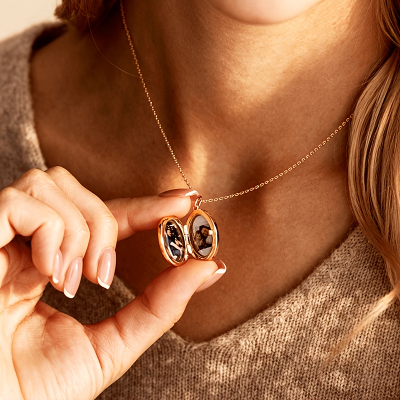 TEMU Personnalisez un collier avec pendentif ovale photo en acier inoxydable pour femme, plaqué, avec un pendentif à couvercle à rabat gravé d'un nom