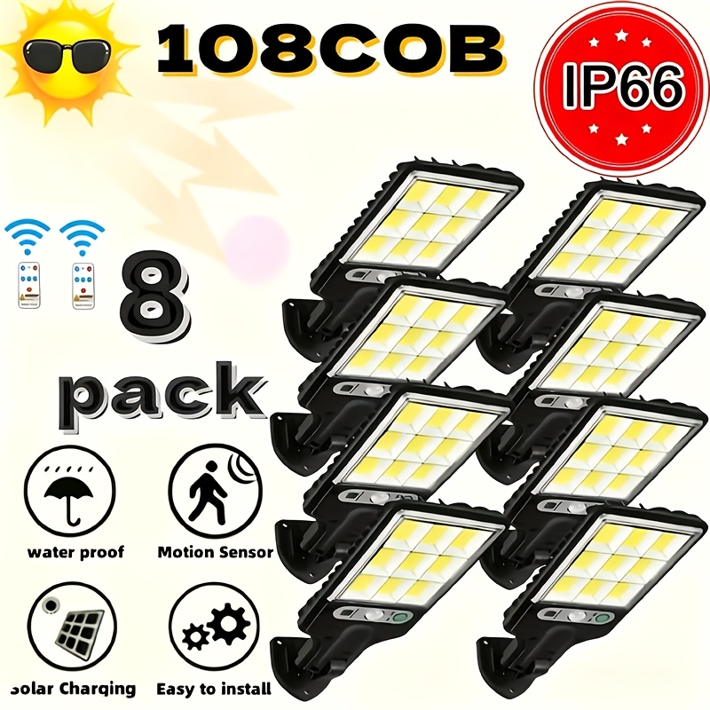 TEMU 8pcs Bright Solar Outdoor Light, Ip66 Waterproof, 800mah Solar Powered Sensor Light, 108 Cob Led/3 Lighting , 1800 , Suitable For , Gardens,