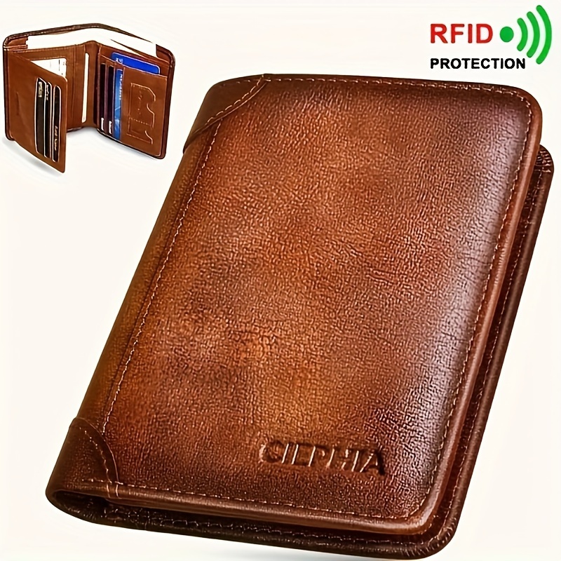 

1pc Set - Trifold Genuine Leather Men', Rfid Anti-theft - Top Cowhide Leather - Vintage - Multi-functional Credit Card Holder With Multiple Pockets Money Clip - A Gift For Men!