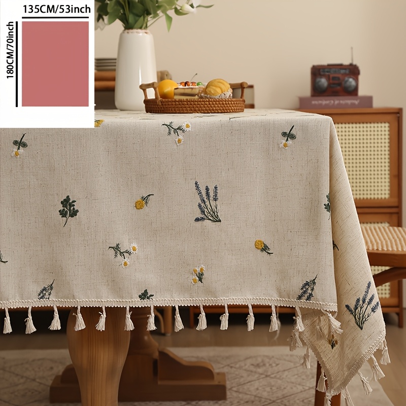 1pc Light Luxury Thick Linen Embroidered Wheat Ear Round Tablecloth Tea Table Cover Cloth Countryside Linen Cream Rectangular With Ear Tablecloth