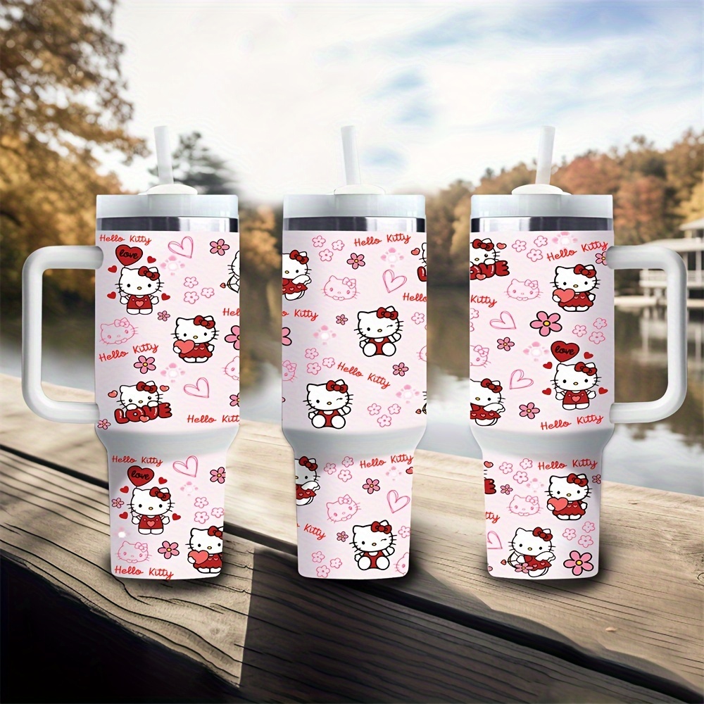 

1pc 40oz Hello Kitty Stainless Steel Tumbler With Handle, Insulated Travel Water Bottle With Kitty Cat & Heart Flower Patterns, Gift For With Straw - 12inch Height