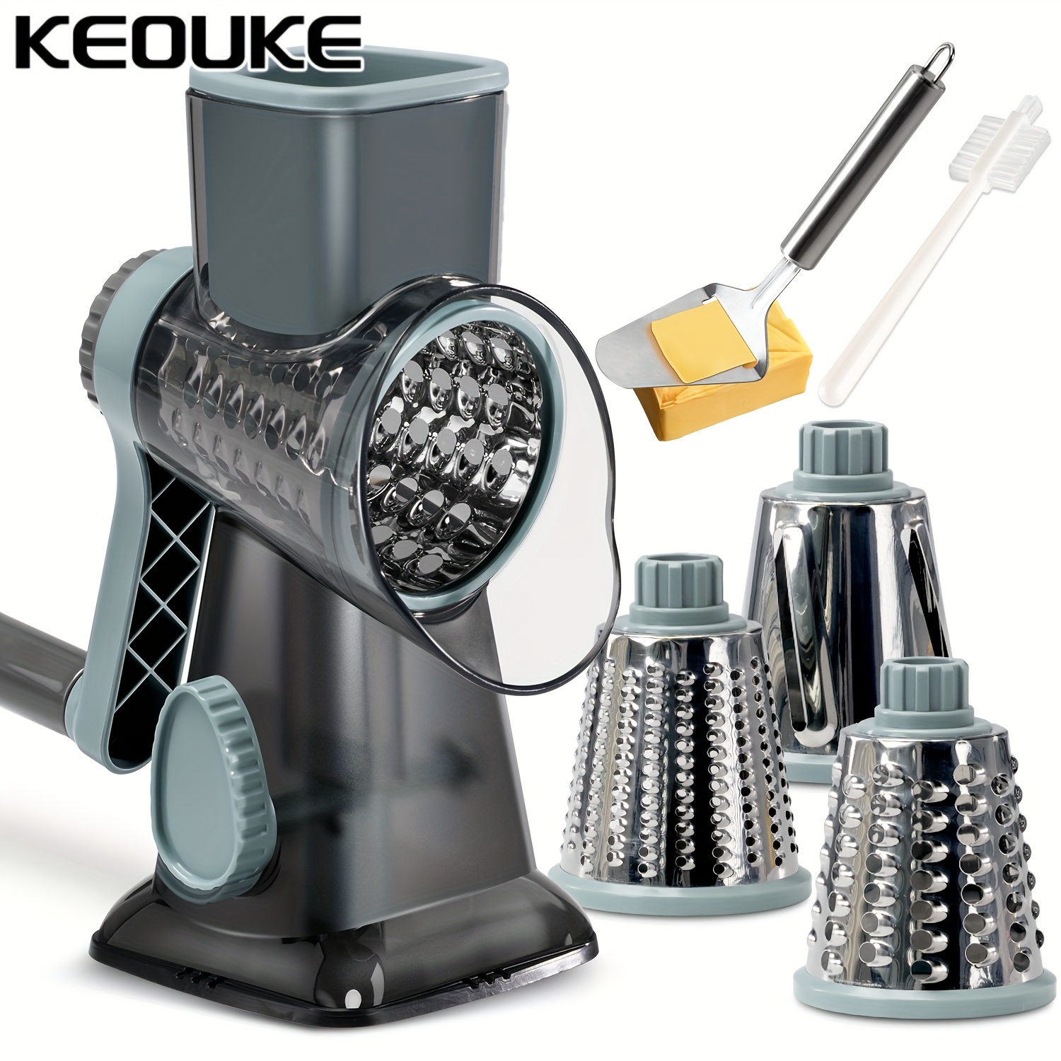 

Rotary Cheese Grater With Handle Vegetable Cheese Slicer Grater For Kitchen 3 Changeable Blades For Cheese Potato Zucchini Nuts Chocolate-transparent Greyblue