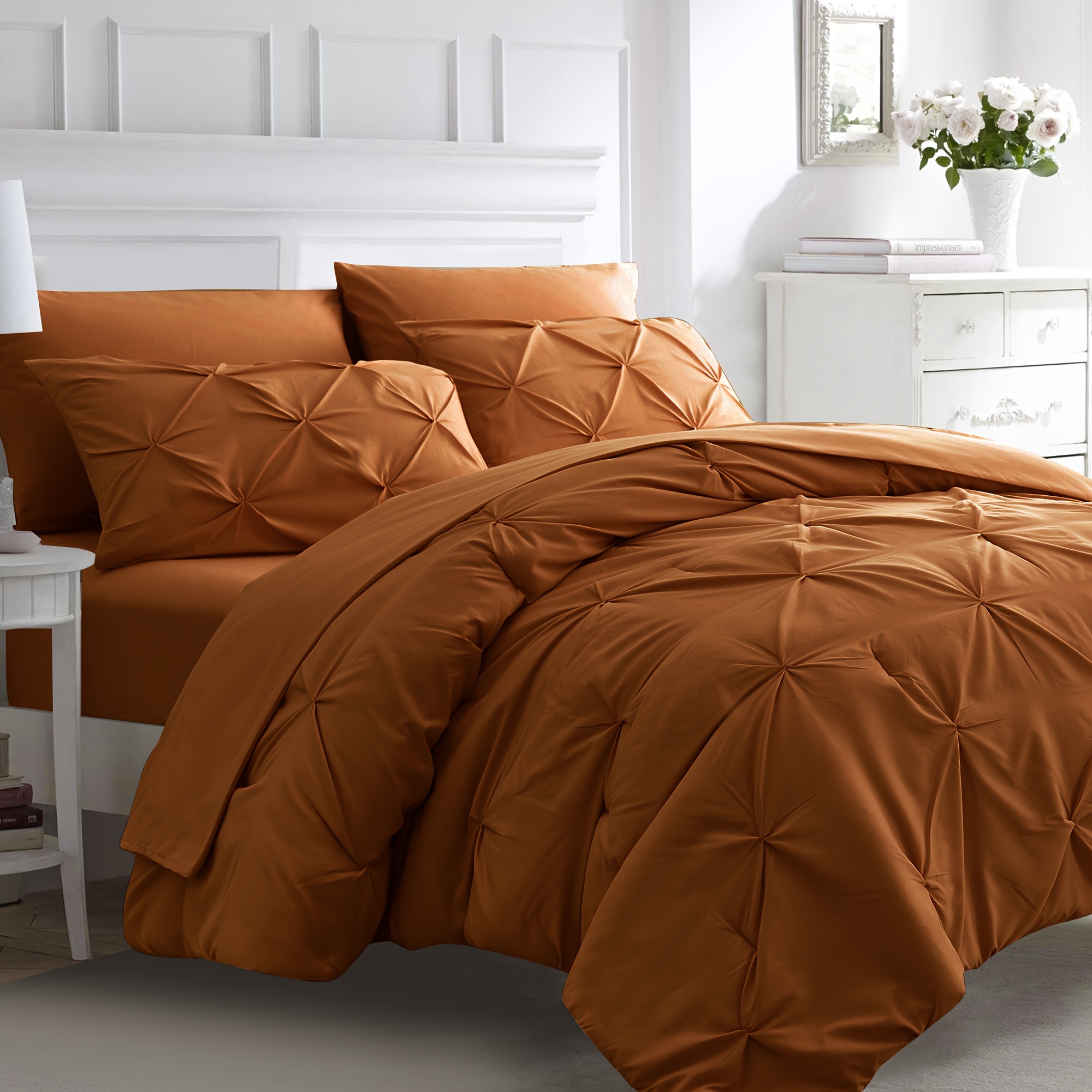 

Queen 7pcs Burnt Orange Comforter Set Full Size, 7pcss Pintuck Bed In A Bag Rust Bed Set With With Fitted Sheet, Pillow Cases, Pillow Shams, Flat Sheet, Bedding Comforters & Sets (rustic, Full) 180gsm