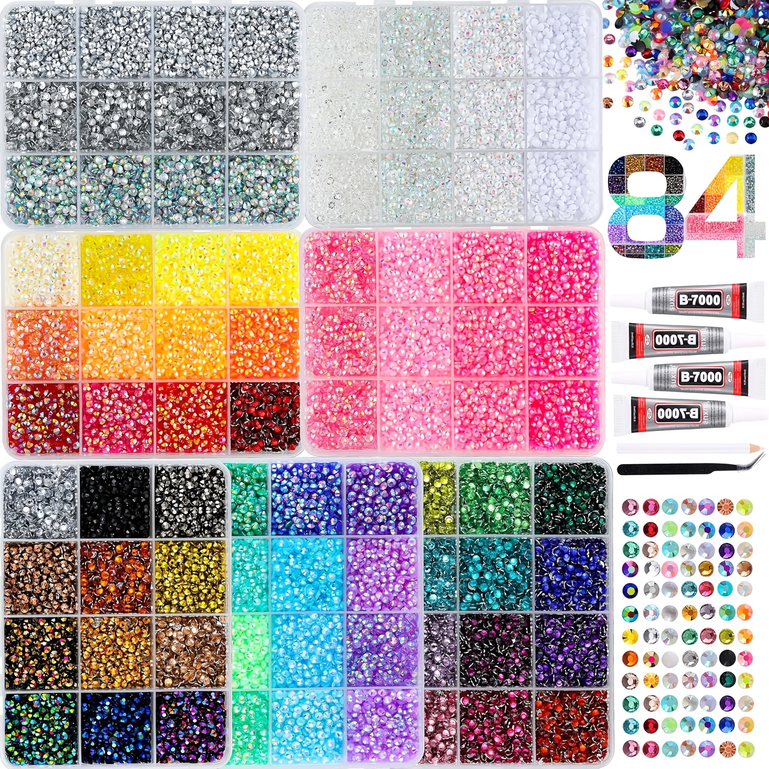 TEMU 63000pcs 7 Boxes Of 59 Colors Rhinestones, 3mm Flat Back , With 4pcs B7000 Jewelry Glue, Tweezers, And Pickup Pens, Suitable For Crafts,