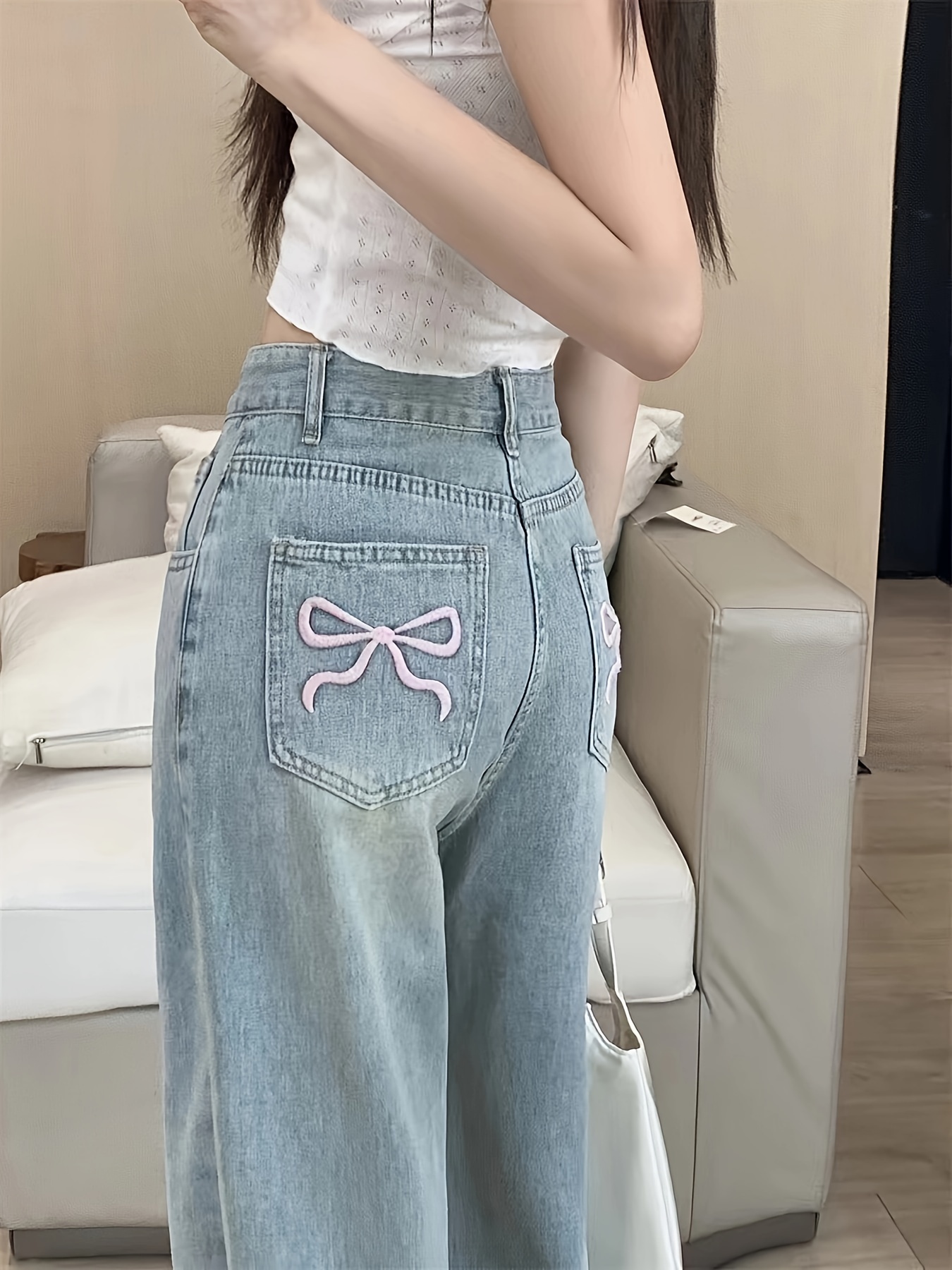 Women'S Vintage-Inspired High-Waist Straight-Leg Jeans with Bow Embroidery  Casual, Non-Stretch Denim, Long Length Casual W