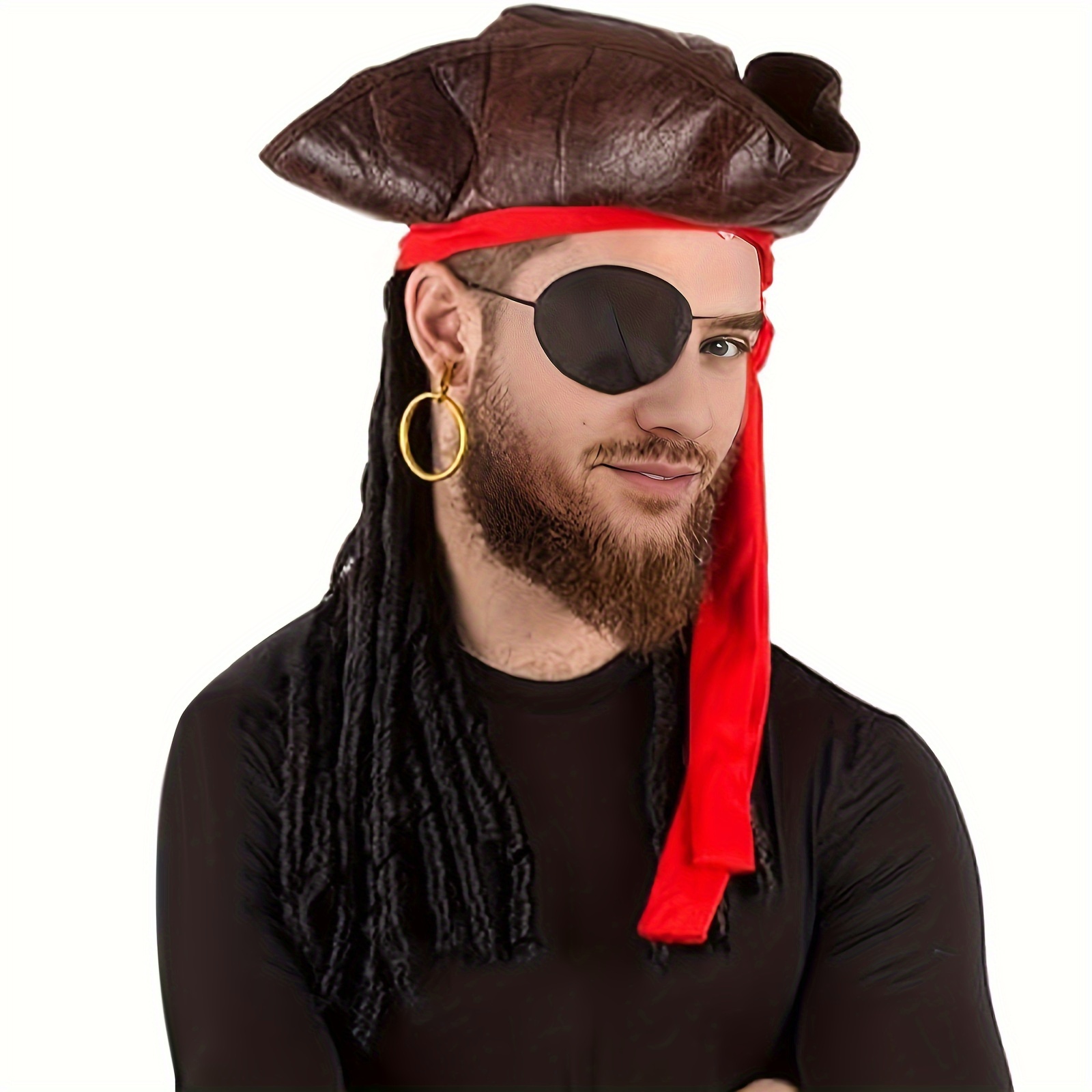 

Men's Deluxe Pirate Costume With Dreadlocks - Black Wig For Halloween & Cosplay Parties, Heat Resistant Synthetic Hair