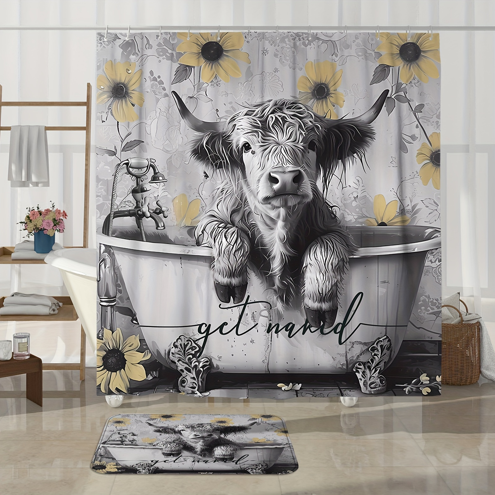 4Pcs Highland Cow Bull Shower Curtain Sets Farmhouse Flower Bathroom Set 2024 Decor