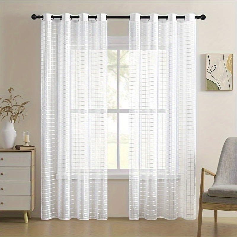 2pcs Elegant Sheer Checkered Curtains - Transparent Light-filtering Window Drapes For Living Room, Patio & Dining Area - Polyester, Rod