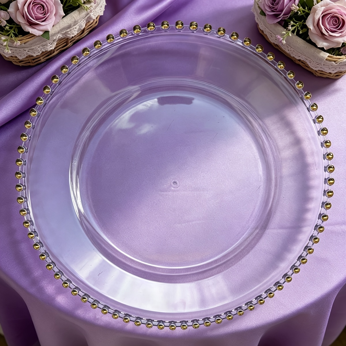 clear charger plates bulk plastic round clear golden beaded trim acrylic for wedding   home and kitchen tabletop non food contact 13inch 33cm