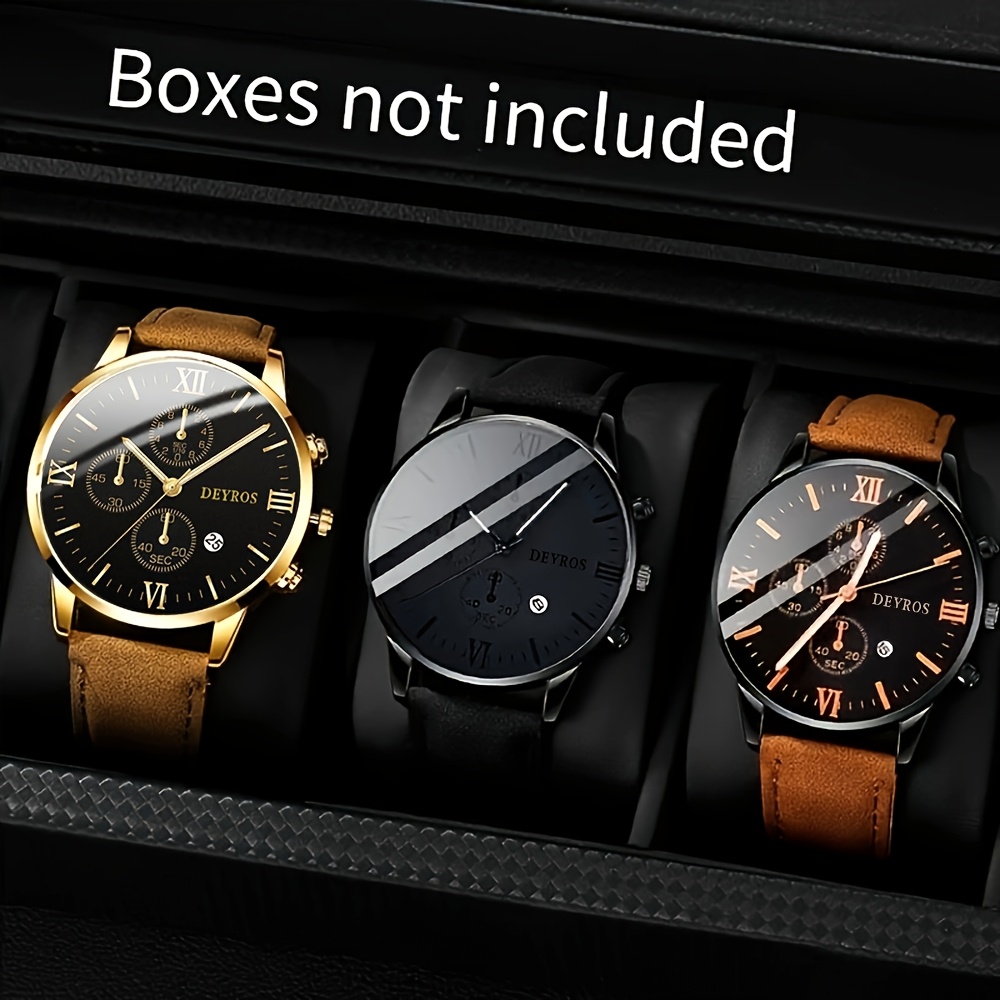 TEMU 3pcs Men's Fashion Watch Set, , Faux Leather Strap, Round Display, Quartz Movement, Battery-operated, Alloy Case, Non-waterproof - Ideal For Daily Wear & Gifts For Holidays