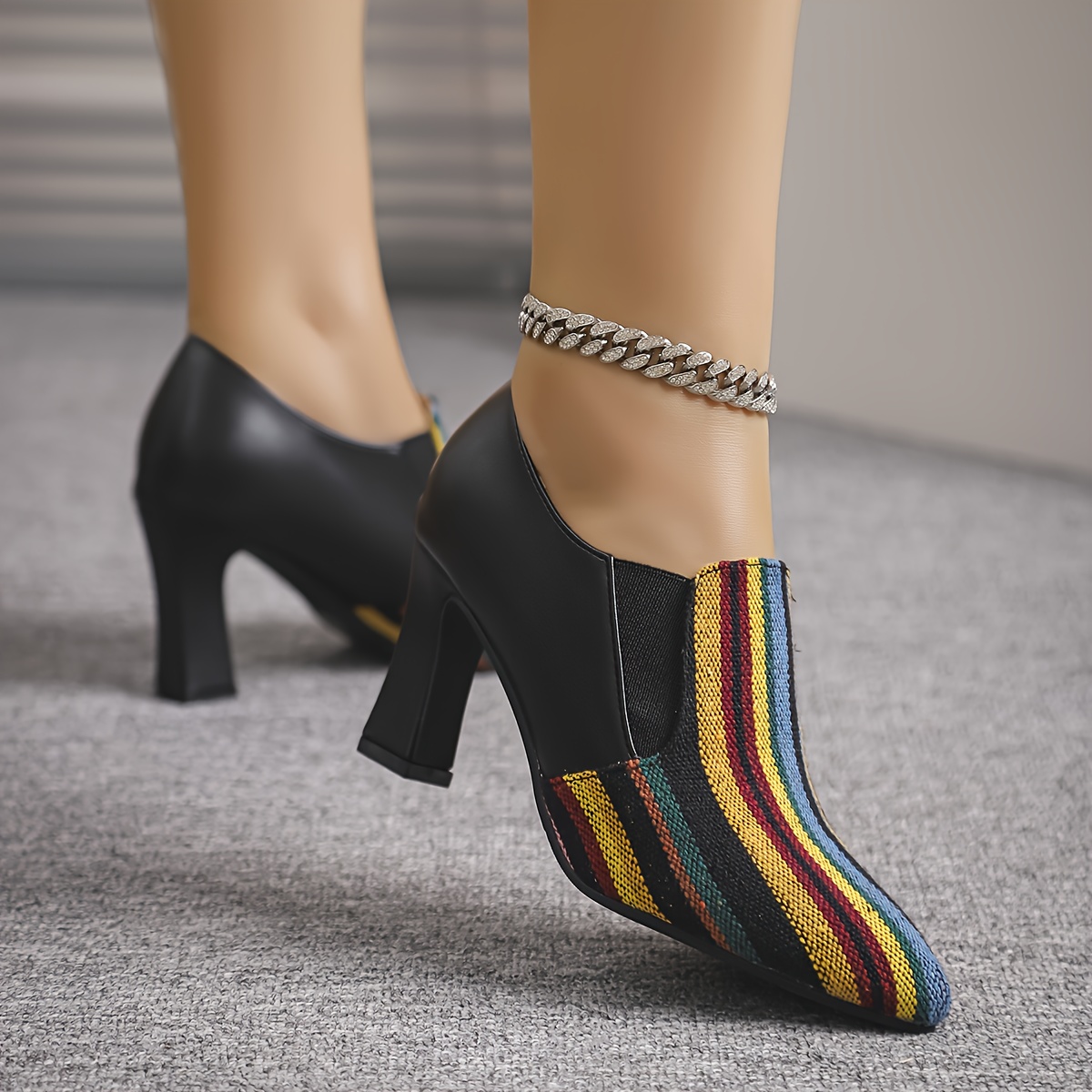 Women's Retro Chunky High Heel Mary Jane Shoes - Pointed Toe with Multicolor Striped (Rainbow/Black) Faux Cover Upper, Comfortable Block Heel & TPU Sole, All-Season Versatile Dress Shoes for Casual & Formal Events