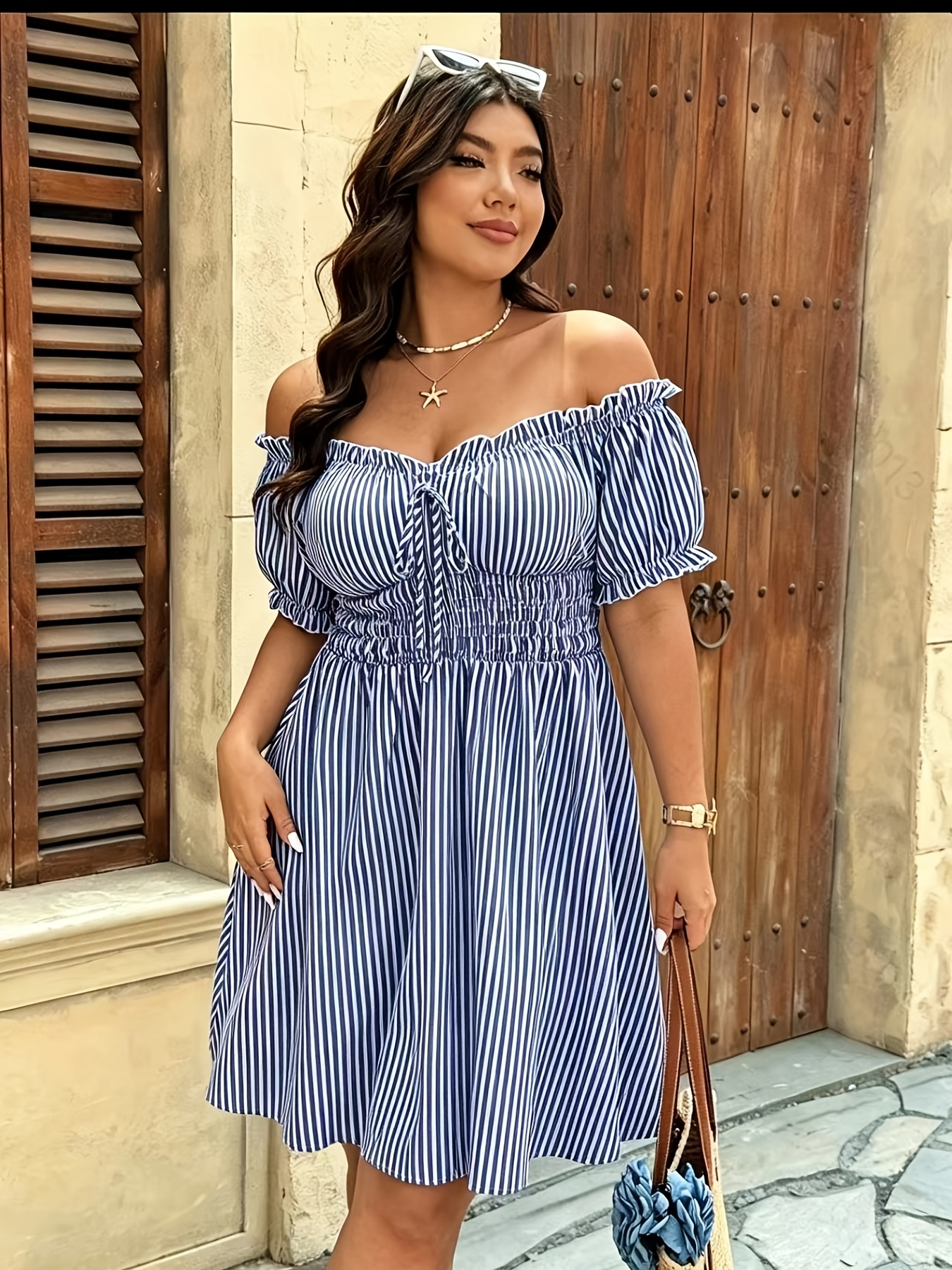 plus size plus size shoulder blue white striped summer