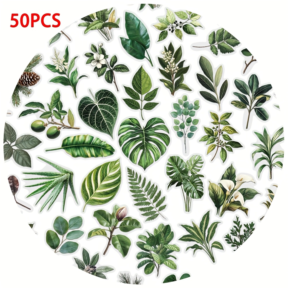 Image of 50 Sheets Green Plant Leaves Series Cute Cartoon Doodle Stickers Decoration Suitcase Cup Pet Stickers