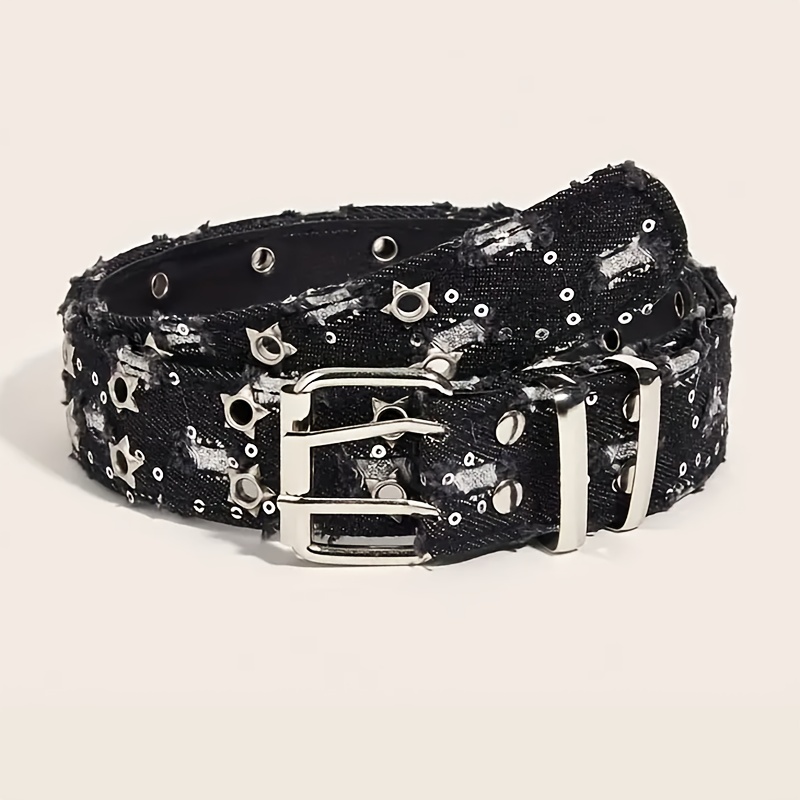 Luxury Belt - Black Punk Trend, All-match Jeans Accessories, Blue Denim Girdle, Hip Hop Y2k Style, Star Hollowed Pin Waistband. Suitable For Men And Women. Ideal For Gifting