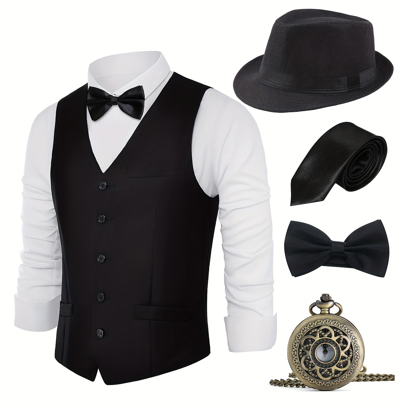 

1920s Men's Vest Costume Wedding Accessories Set Hat