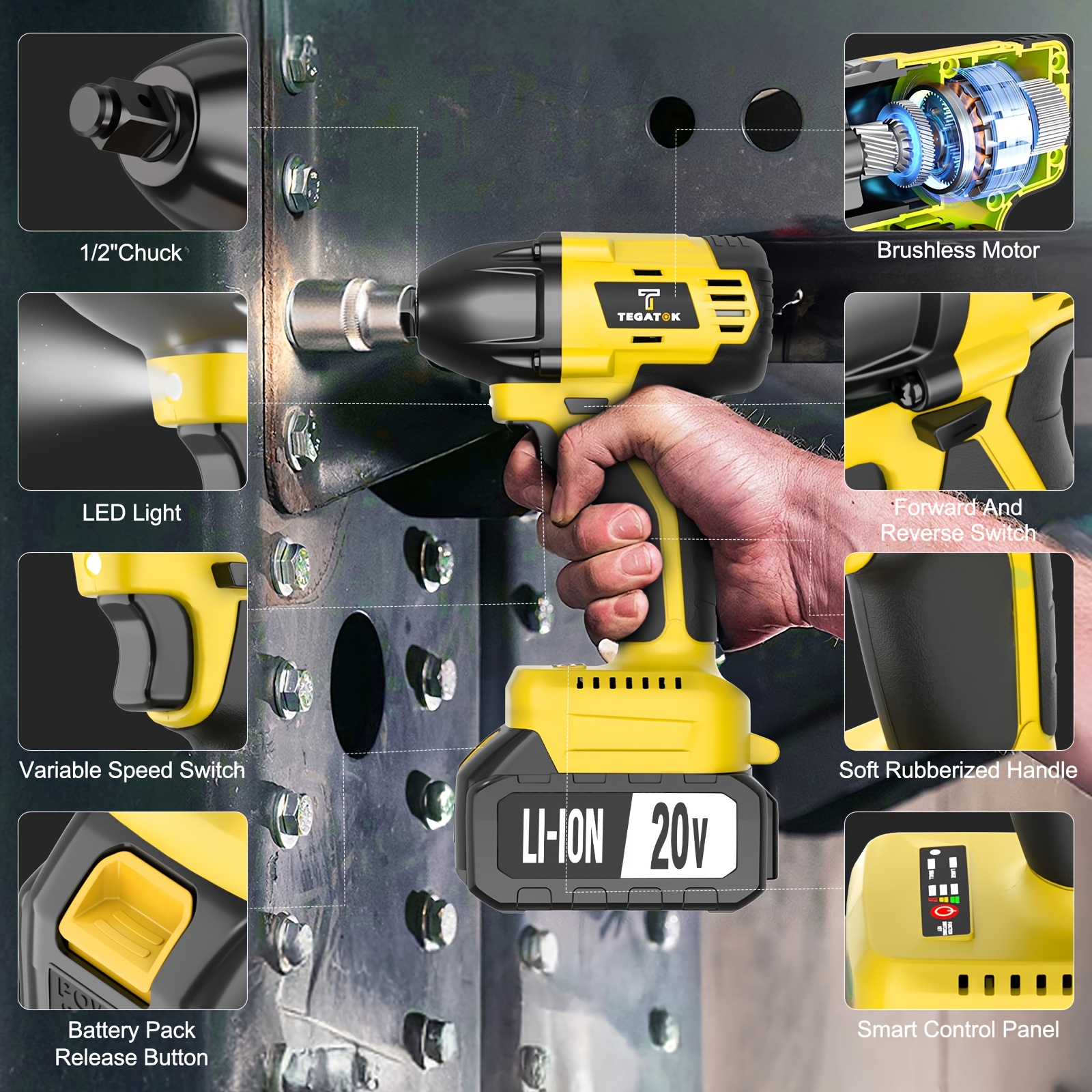 All-in-One 20V Brushless Power Tool Kit For Home - 4 Cordless Tools With 3 Batteries, Impact Wrench & Hammer Drill, Angle Grinder, Electric Drill, Combo For Renovation