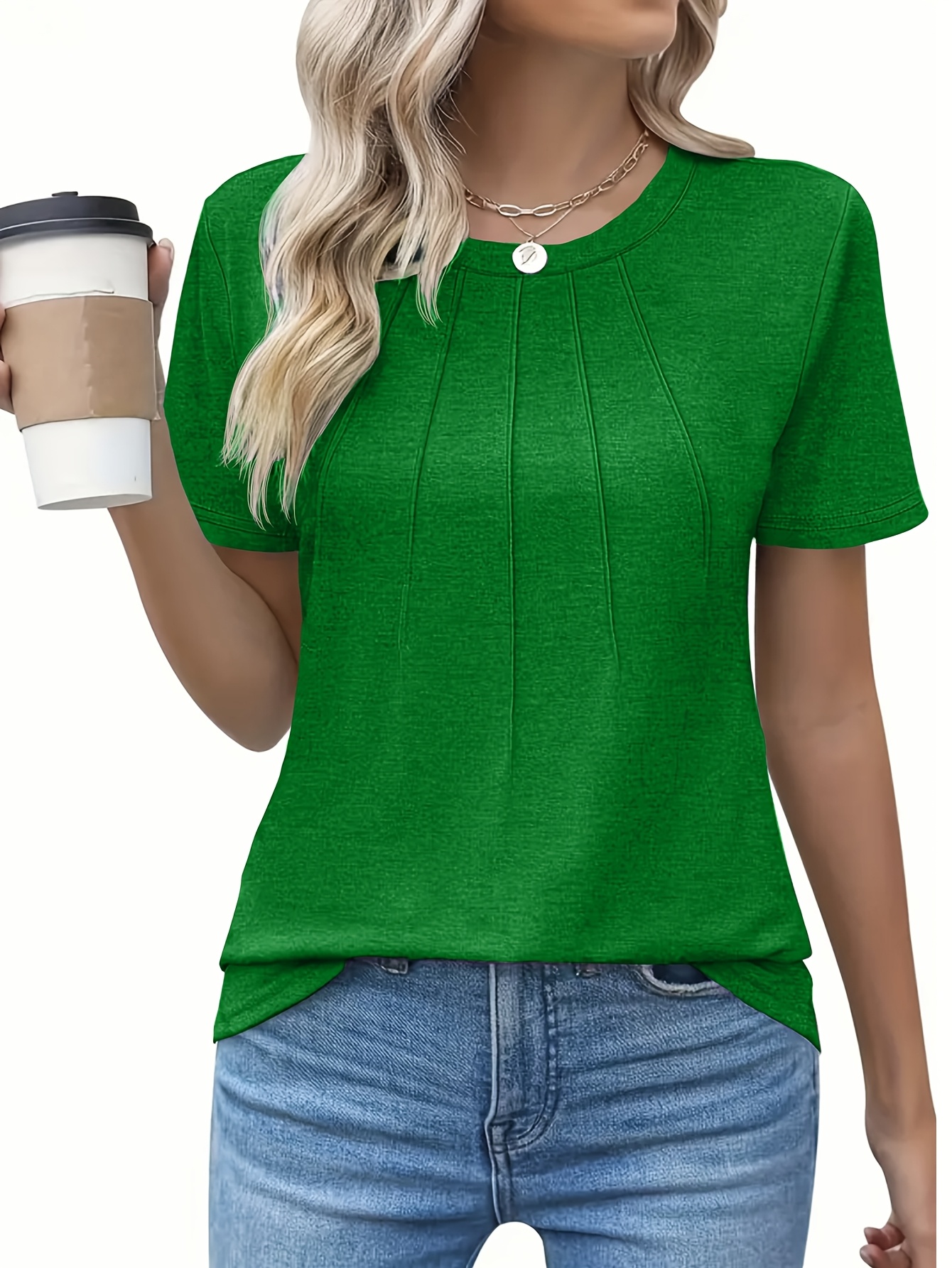 Women'S Casual Summer T-Shirt - Solid Color, Round Neck, Short Sleeve, Comfortable Loose Fit, Dark Blue, Polyester Blend, Machine Washable, Casual Summer Wear | Round Neck Tshirt | Texture