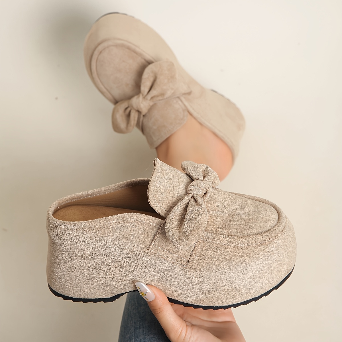 TEMU Women's Bow Platform Mules, Loafers, Chunky Heel Backless Clogs, Casual Daily Wear Shoes In Pink, Beige, Brown, Mules For Women, Plus-size Shoes