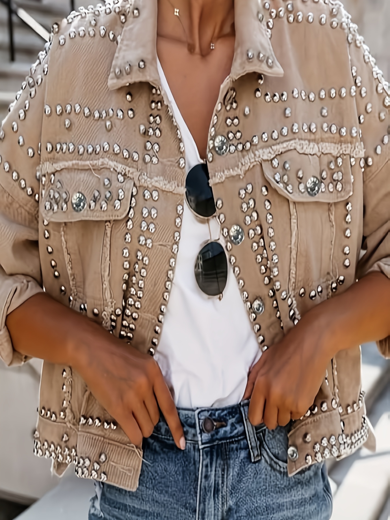 aw25 womens stylish beige denim jacket with studs v neck   fit long sleeve button   flap pockets lightweight versatile for   casual streetwear machine washable   jacket   jacket stylish fringe detail 1